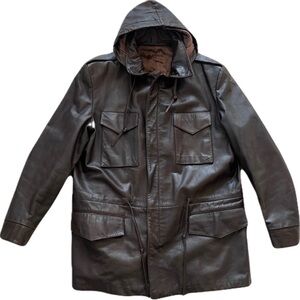 Overland Sheepskin Brown Leather Military
Field Coat w/ Removable Hood, Size 46